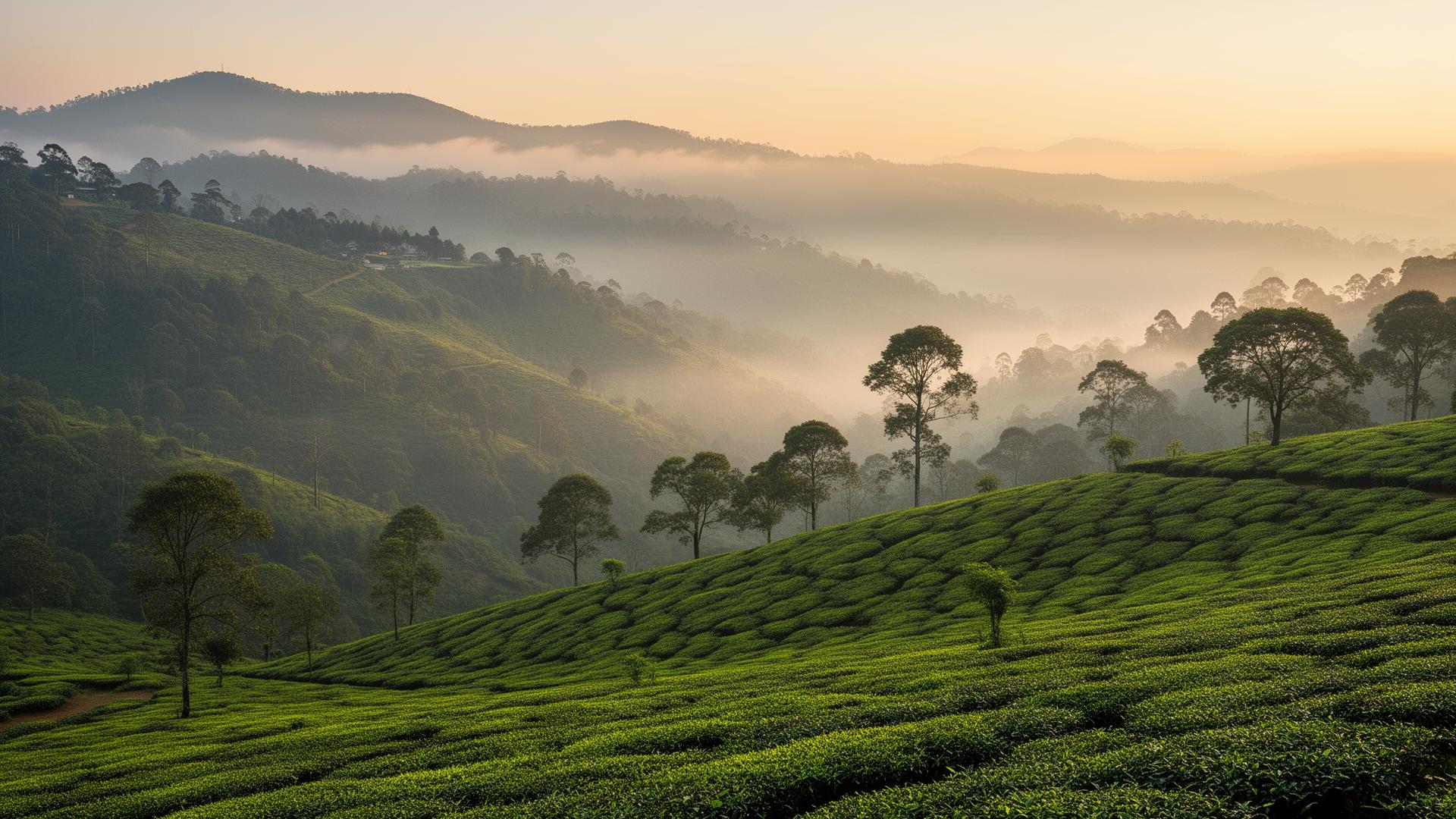 Misty Munnar mountains at sunrise seen from Nilayoram Stay in Mankulam